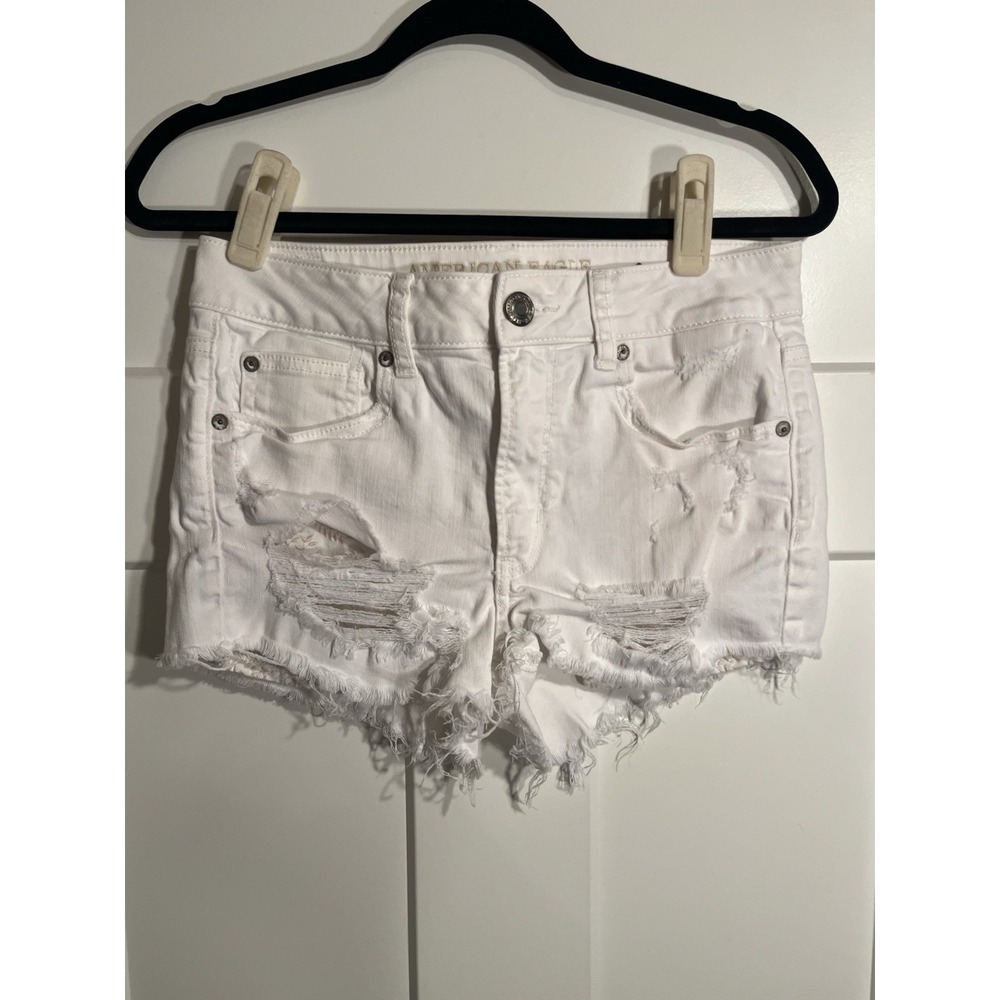 American Eagle Hi-Rise Shortie Shorts Women’s 6 White Distressed Denim Stretch